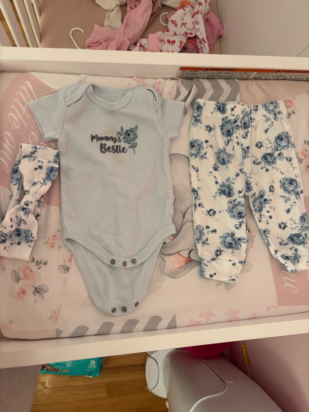 Baby Blue 'Mommy's Bestie' Onesie with Floral Pants and Headband